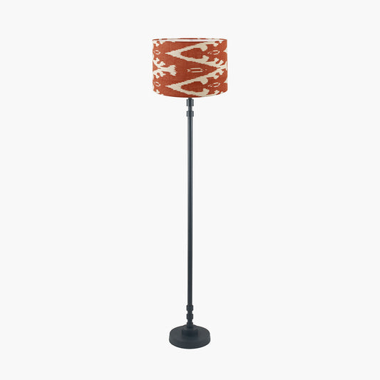 Rhode Matt Black Stick Metal Floor Lamp Base with Lars 40cm Cinnamon Ikat Patterned Cylinder Lampshade