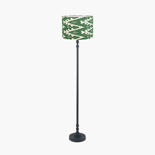 Rhode Matt Black Stick Metal Floor Lamp Base with Lars 40cm Racing Green Ikat Patterned Cylinder Lampshade
