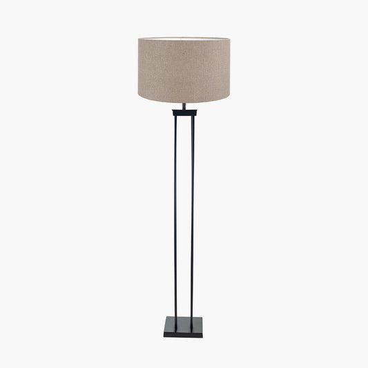 Langston Matt Black Metal Column Floor Lamp Base with Edward 45cm Natural Linen Cylinder Lampshade