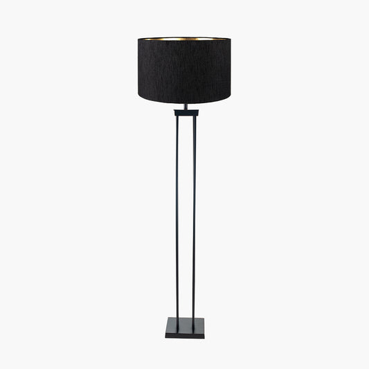 Langston Matt Black Metal Column Floor Lamp Base with Stellan 45cm Black Slubbed Faux  Silk Gold Lined Cylinder Lampshade