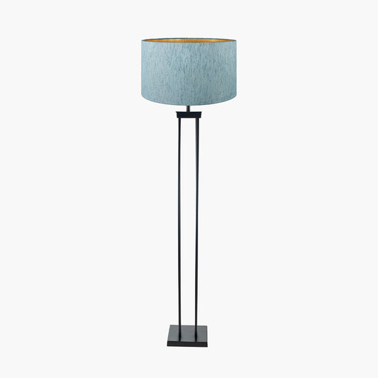 Langston Matt Black Metal Column Floor Lamp Base with Stellan 45cm Duck Egg Slubbed Silk Mix Gold Lined Cylinder Lampshade