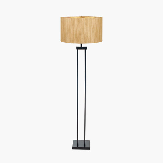 Langston Matt Black Metal Column Floor Lamp Base with Stellan 45cm Gold Slubbed Silk Mix Gold Lined Cylinder Lampshade