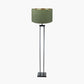 Langston Matt Black Metal Column Floor Lamp Base with Stellan 45cm Green Slubbed Silk Mix Gold Lined Cylinder Lampshade