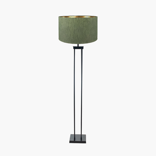 Langston Matt Black Metal Column Floor Lamp Base with Stellan 45cm Green Slubbed Silk Mix Gold Lined Cylinder Lampshade