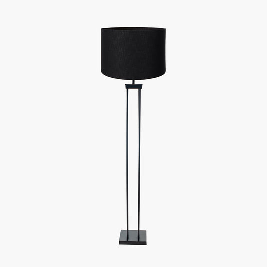 Langston Matt Black Metal Column Floor Lamp Base with Lino 45cm Black Self Lined Linen Cylinder Lampshade
