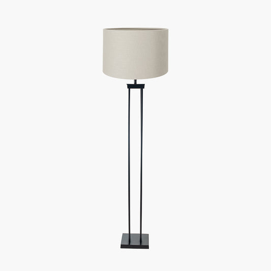Langston Matt Black Metal Column Floor Lamp Base with Lino 45cm Grey Self Lined Linen Cylinder Lampshade