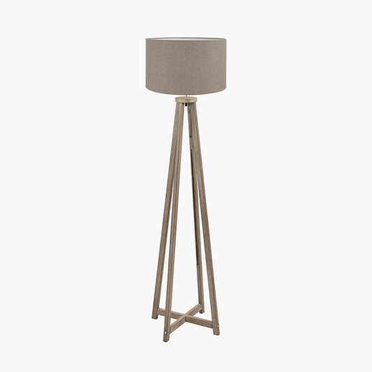 Whitby Grey Wash Wood Tapered 4 Post Floor Lamp Base with Edward 45cm Natural Linen Cylinder Lampshade