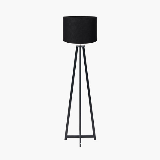 Whitby Matt Black Wood Tapered 4 Post Floor Lamp Base with Lino 45cm Black Self Lined Linen Cylinder Lampshade