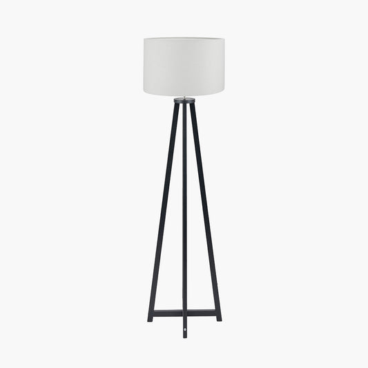 Whitby Matt Black Wood Tapered 4 Post Floor Lamp Base with Lino 45cm White Self Lined Linen Cylinder Lampshade
