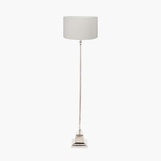 Claudius Nickel Metal Stick Floor Lamp Base with Henry 40cm White Handloom Cylinder Lampshade
