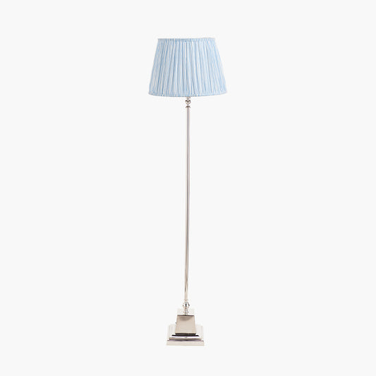 Claudius Nickel Metal Stick Floor Lamp Base with Thiago 40cm Ocean Blue Stripe Mushroom Pleat Tapered Lampshade
