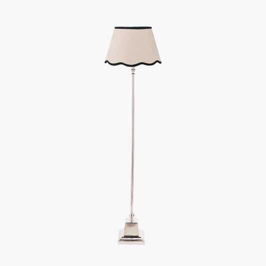 Claudius Nickel Metal Stick Floor Lamp Base with Tabitha 40cm Cream Jute Scalloped Edge Tapered Lamp Shade with Contrast Binding