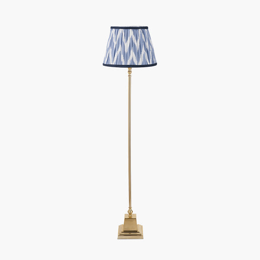 Claudius Gold Metal Stick Floor Lamp Base with Kamilah 40cm Blue Chevron Patterned Mushroom Pleat Tapered Lamp Shade