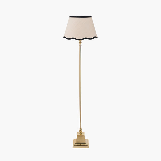 Claudius Gold Metal Stick Floor Lamp Base with Tabitha 40cm Cream Jute Scalloped Edge Tapered Lamp Shade with Contrast Binding