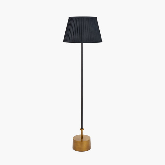 Antoine Black Croc and Antique Brass Metal Floor Lamp Base with Lyndon 40cm Black Silk Mix Knife Pleat Tapered Lampshade