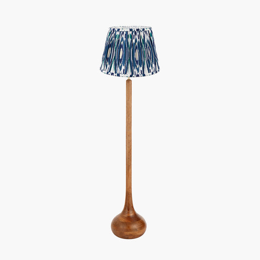 Toma Oiled Wood Tall Neck Floor Lamp Base with Izara 45cm Ocean Blue Ikat Patterned Mushroom Pleat Tapered Lampshade