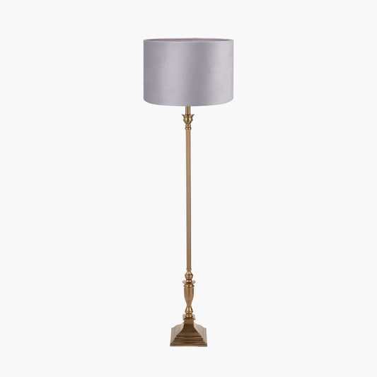Canterbury Antique Brass Metal Floor Lamp Base with Rene 45cm Light Grey Velvet Cylinder Lampshade