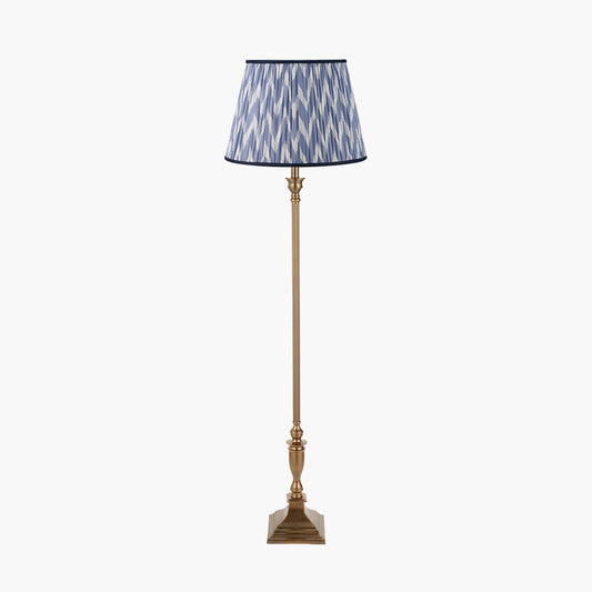 Canterbury Antique Brass Metal Floor Lamp Base with Kamilah 45cm Blue Chevron Patterned Mushroom Pleat Tapered Lamp Shade