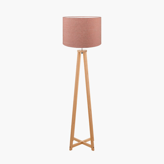 Whitby Natural Wood Tapered 4 Post Floor Lamp Base with Edward 45cm Apricot Linen Cylinder Lampshade