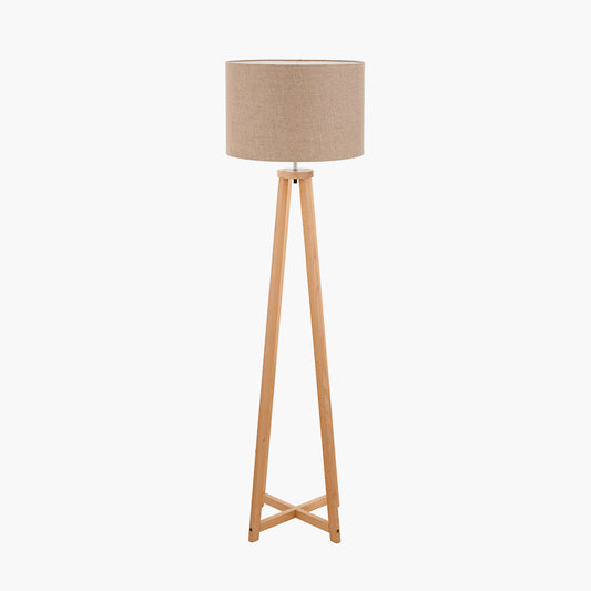 Whitby Natural Wood Tapered 4 Post Floor Lamp Base with Edward 45cm Natural Linen Cylinder Lampshade