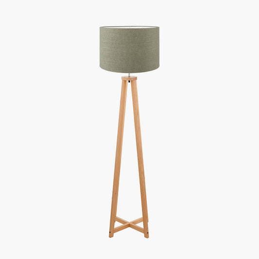 Whitby Natural Wood Tapered 4 Post Floor Lamp Base with Edward 45cm Pistachio Green Linen Cylinder Lampshade