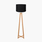Whitby Natural Wood Tapered 4 Post Floor Lamp Base with Lino 45cm Black Self Lined Linen Cylinder Lampshade