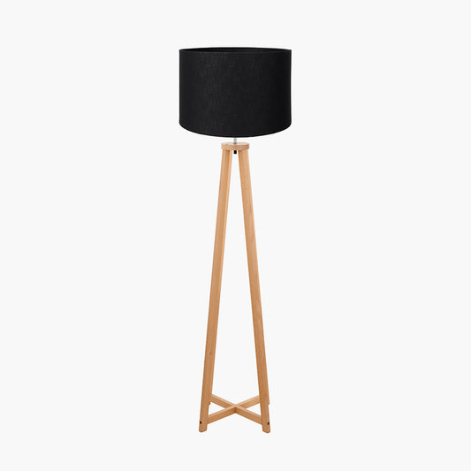 Whitby Natural Wood Tapered 4 Post Floor Lamp Base with Lino 45cm Black Self Lined Linen Cylinder Lampshade
