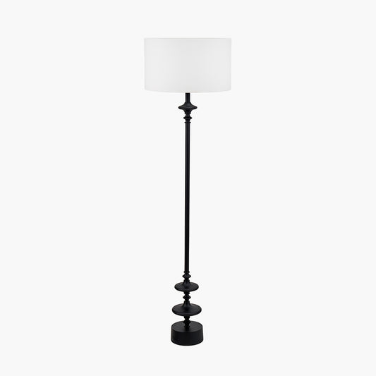 Emilio Matt Black Candlestick Floor Lamp Base with Henry 45cm White Handloom Cylinder Lampshade