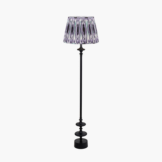 Emilio Matt Black Candlestick Floor Lamp Base with Izara 45cm Lilac Ikat Patterned Mushroom Pleat Tapered Lampshade