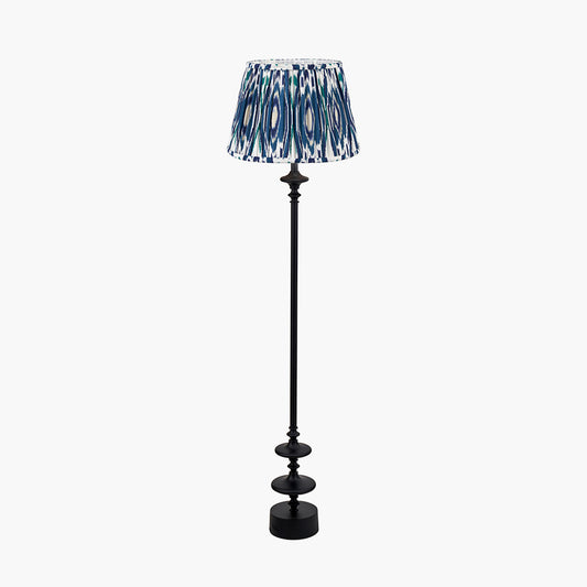 Emilio Matt Black Candlestick Floor Lamp Base with Izara 45cm Ocean Blue Ikat Patterned Mushroom Pleat Tapered Lampshade
