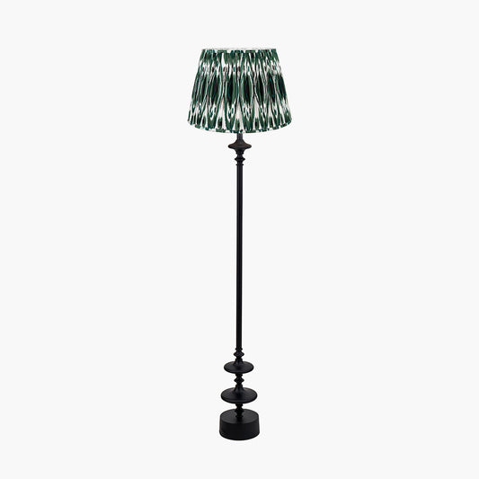 Emilio Matt Black Candlestick Floor Lamp Base with Izara 45cm Racing Green Ikat Patterned Mushroom Pleat Tapered Lampshade