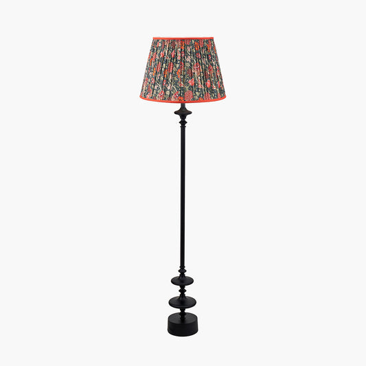 Emilio Matt Black Candlestick Floor Lamp Base with Floressa 45cm Red Floral Patterned Mushroom Pleat Tapered Lamp Shade