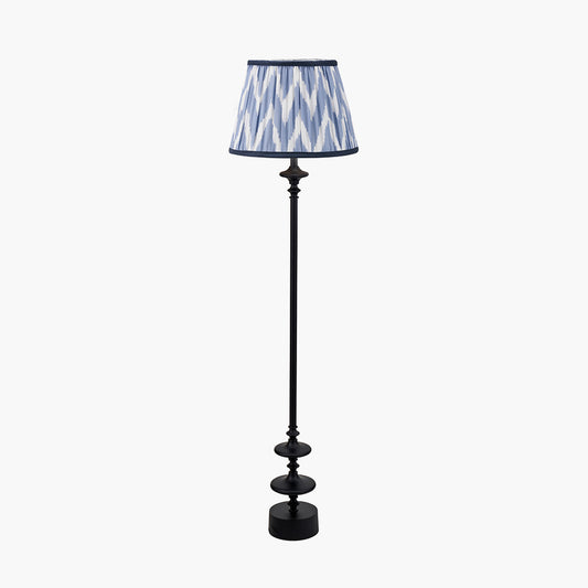 Emilio Matt Black Candlestick Floor Lamp Base with Kamilah 45cm Blue Chevron Patterned Mushroom Pleat Tapered Lamp Shade