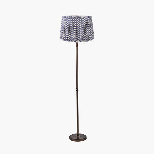 Piero Antique Bronze Metal Candlestick Floor Lamp Base with Vienna 45cm Blue Chevron Mushroom Pleat Lampshade