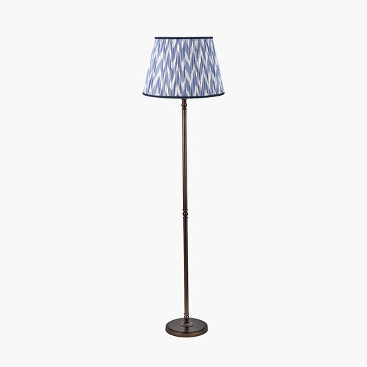 Piero Antique Bronze Metal Candlestick Floor Lamp Base with Kamilah 45cm Blue Chevron Patterned Mushroom Pleat Tapered Lamp Shade