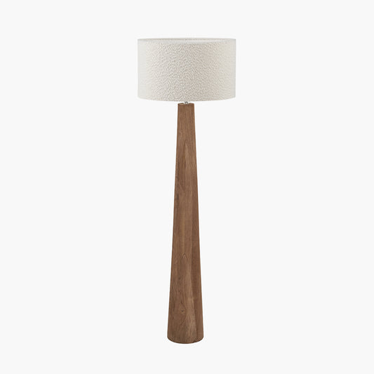 Esha Natural Conical Wood Floor Lamp Base with Rouen 50cm White Boucle Cylinder Lampshade