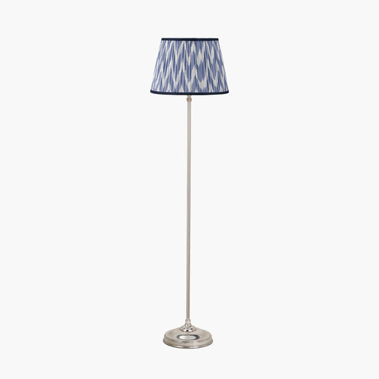 Auden Silver Metal Stick Floor Lamp Base with Kamilah 35cm Blue Chevron Patterned Mushroom Pleat Tapered Lamp Shade