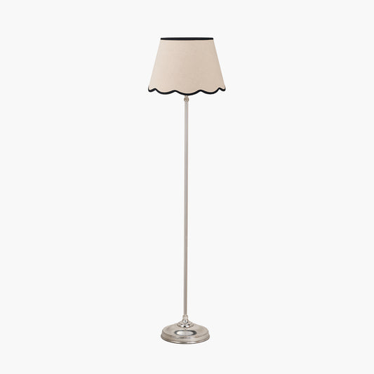 Auden Silver Metal Stick Floor Lamp Base with Tabitha 40cm Cream Jute Scalloped Edge Tapered Lamp Shade with Contrast Binding