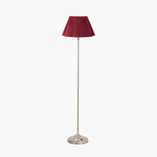 Auden Silver Metal Stick Floor Lamp Base with Malia 40cm Mulberry Red Mushroom Pleat Scalloped Tapered Lamp Shade