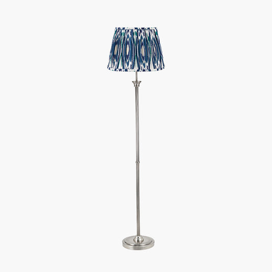 Salvatore Antique Silver Metal Floor Lamp Base with Izara 45cm Ocean Blue Ikat Patterned Mushroom Pleat Tapered Lampshade