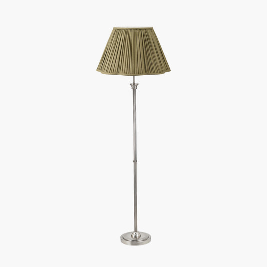 Salvatore Antique Silver Metal Floor Lamp Base with Malia 45cm Olive Green Mushroom Pleat Scalloped Tapered Lamp Shade