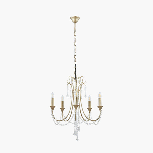 Belle Antique Silver Leaf Metal and Beaded 5 Light Chandelier Pendant