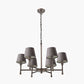 Piero Antique Bronze Metal 6 Arm Pendant with Pelham 15cm Grey Handloom Tapered Candle Clip Lampshade