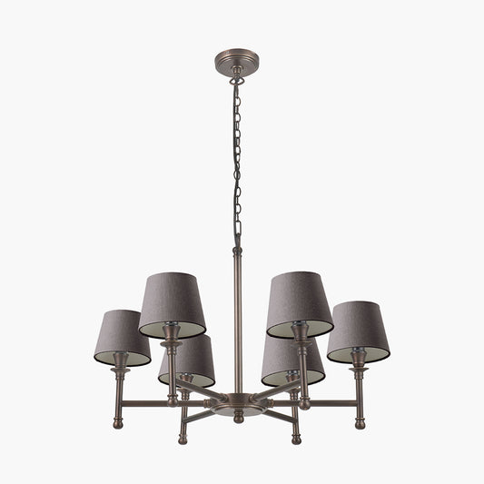 Piero Antique Bronze Metal 6 Arm Pendant with Pelham 15cm Grey Handloom Tapered Candle Clip Lampshade