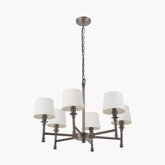 Piero Antique Bronze Metal 6 Arm Pendant with Pelham 15cm White Handloom Tapered Candle Clip Lampshades