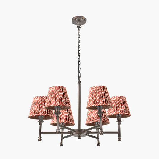 Piero Antique Bronze Metal 6 Arm Pendant with Vienna 16cm Red Chevron Mushroom Pleat Lampshade