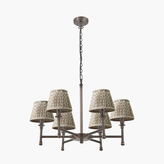 Piero Antique Bronze Metal 6 Arm Pendant with Vienna 16cm Taupe Chevron Mushroom Pleat Lampshade