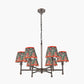 Piero Antique Bronze Metal 6 Arm Pendant with Floressa 16cm Red Floral Patterned Mushroom Pleat Tapered Lamp Shade