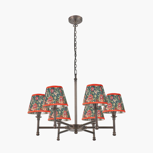 Piero Antique Bronze Metal 6 Arm Pendant with Floressa 16cm Red Floral Patterned Mushroom Pleat Tapered Lamp Shade