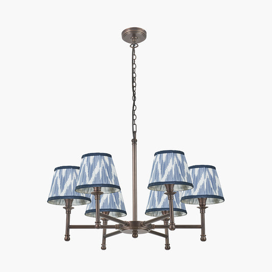 Piero Antique Bronze Metal 6 Arm Pendant with Kamilah 16cm Blue Chevron Patterned Mushroom Pleat Tapered Lamp Shade
